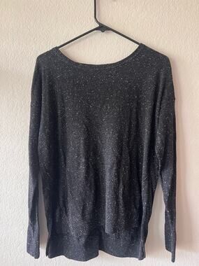 Ann Taylor LOFT Flecked Speckled Tunic Sweater Black M Slouchy Ribbed Cuffs